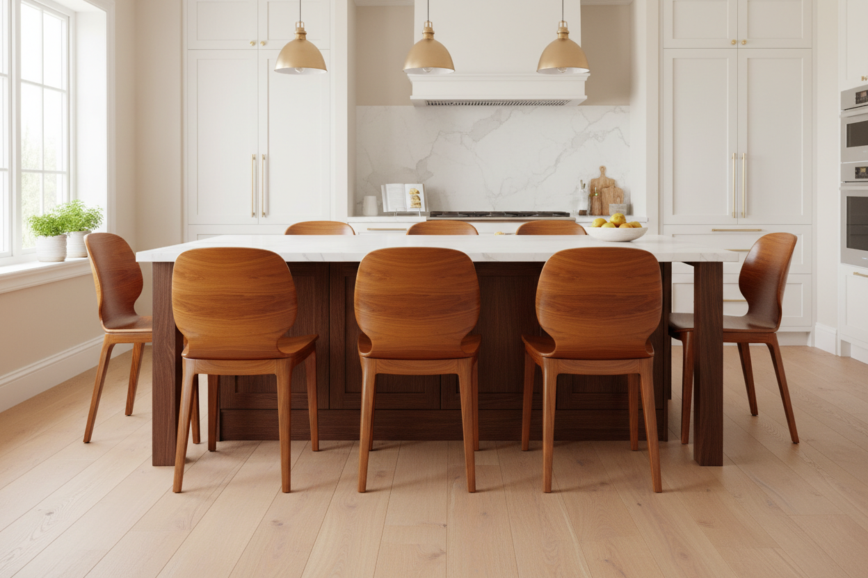 hame una foto de varias sillas de comedor ubicadas en una isala de cocina, con acabado brillante en madera