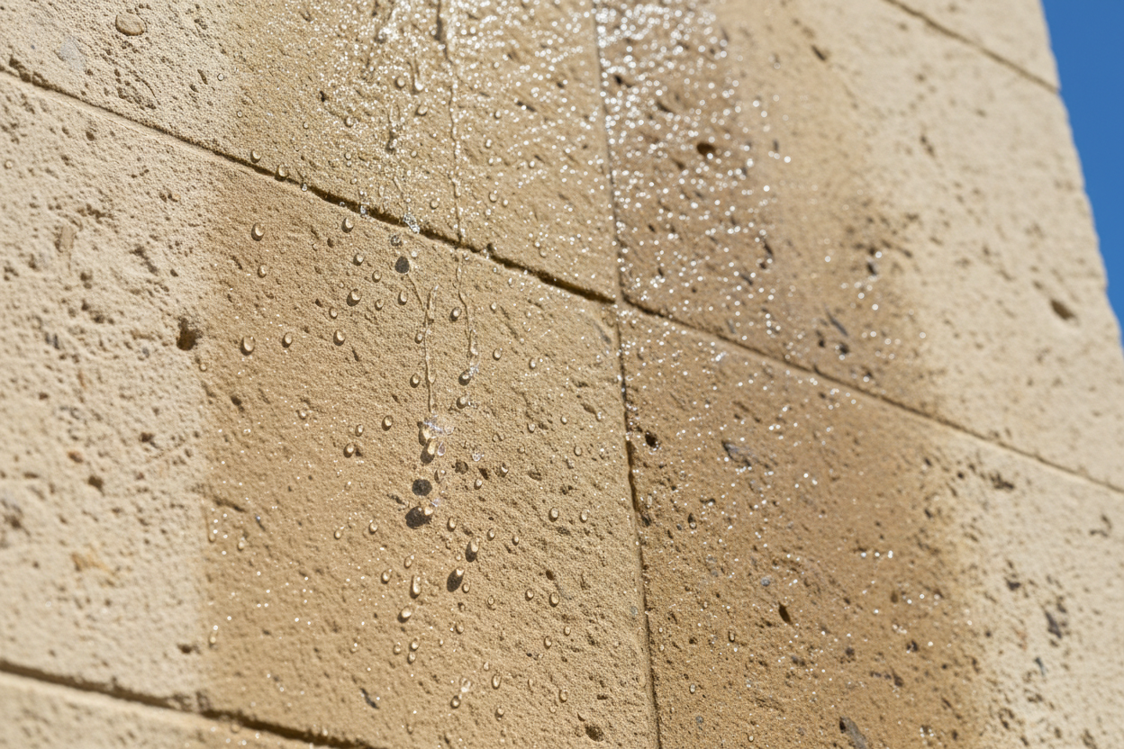 haz una fachada de piedra con esta decripcion Impregnante invisible a base de silanos y polisiloxanos. Total protección repelente al agua en fachadas, tejados, terrazas, pavimentos, muros, etc. Para la hidrofugación de materiales porosos como ladrillo, piedra revocos de hormigón, etc. Mantiene el aspecto del soporte, permite su transpiración y reduce la absorción de suciedad. Ofrece una gran penetración y buena flexibilidad., no coloques botes de pntura