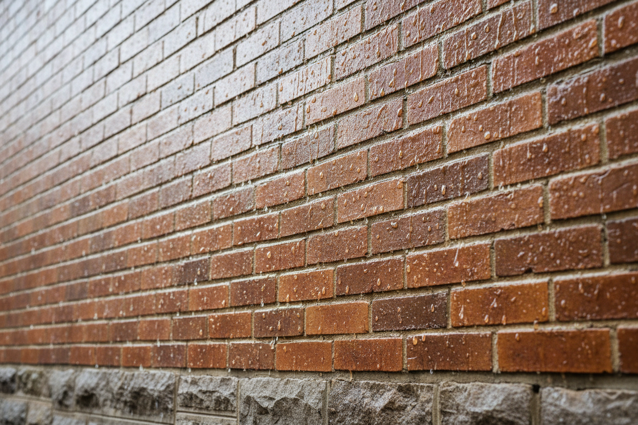 haz una imagen de unba fachada de ladrillo o piedra con esta descripcion Barniz hidrofugante incoloro y transparente como capa de fijación y protección sobre piedra natural, ladrillo caravista, piedra proyectada, granito, etc. Repelente al agua de lluvia. Ofrece un excelente anclaje, gran poder de fijación y resistencia a los álcalis. Penetra en profundidad. Resalta la belleza natural de la piedra. Secado Rápido. Fácil de aplicar.