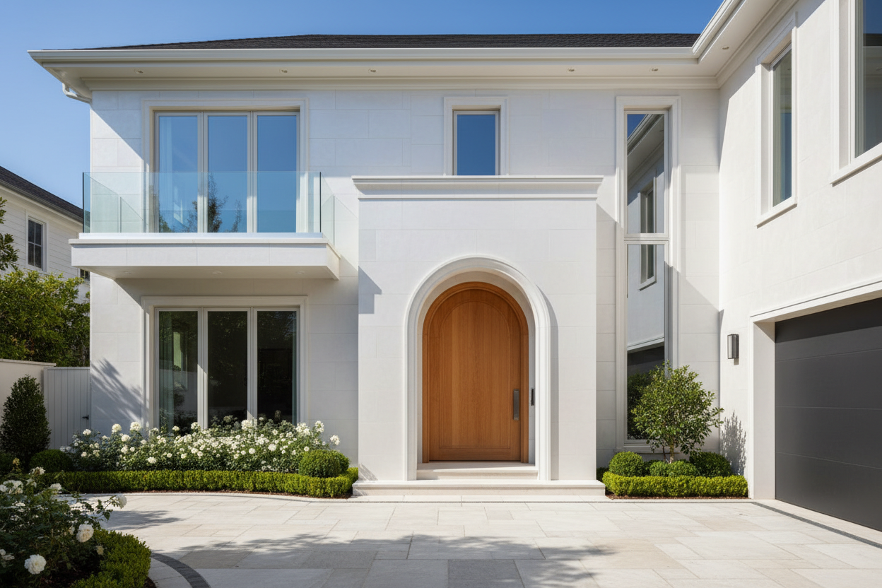 hazme una fachada de una casa entono perla brillante elegante