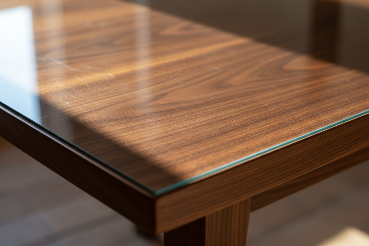 hazme una foto de una mesa de madera con abacado barniz cristal brillante