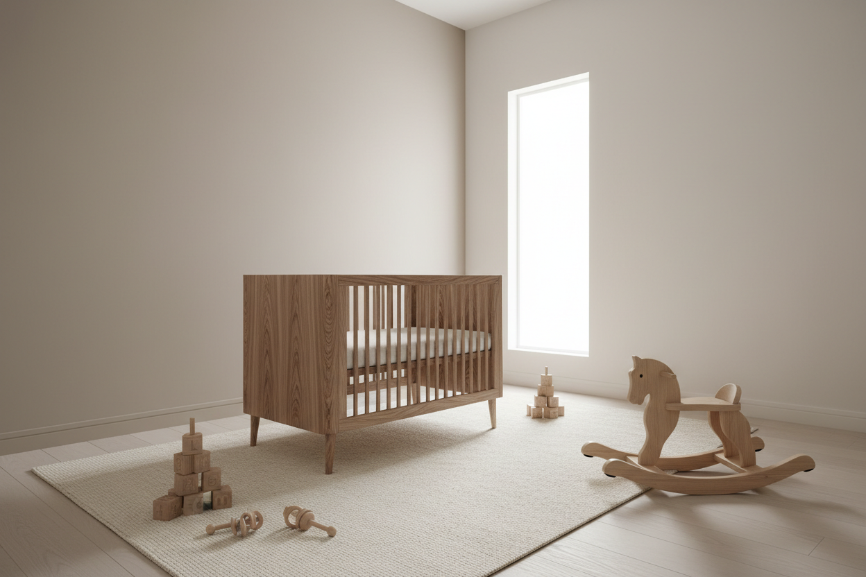 hazme una habiatcion de bebe con cama de madera y juguete de madera, en acabado ultramate elegante