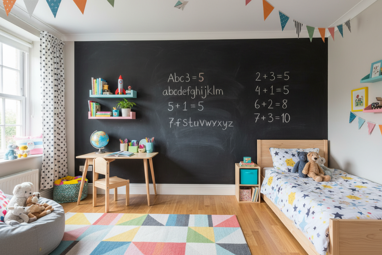 hazme una habitacion de niños con una pizarra para estudiar en negro mate y letras blancas en tiza con sumas y letras