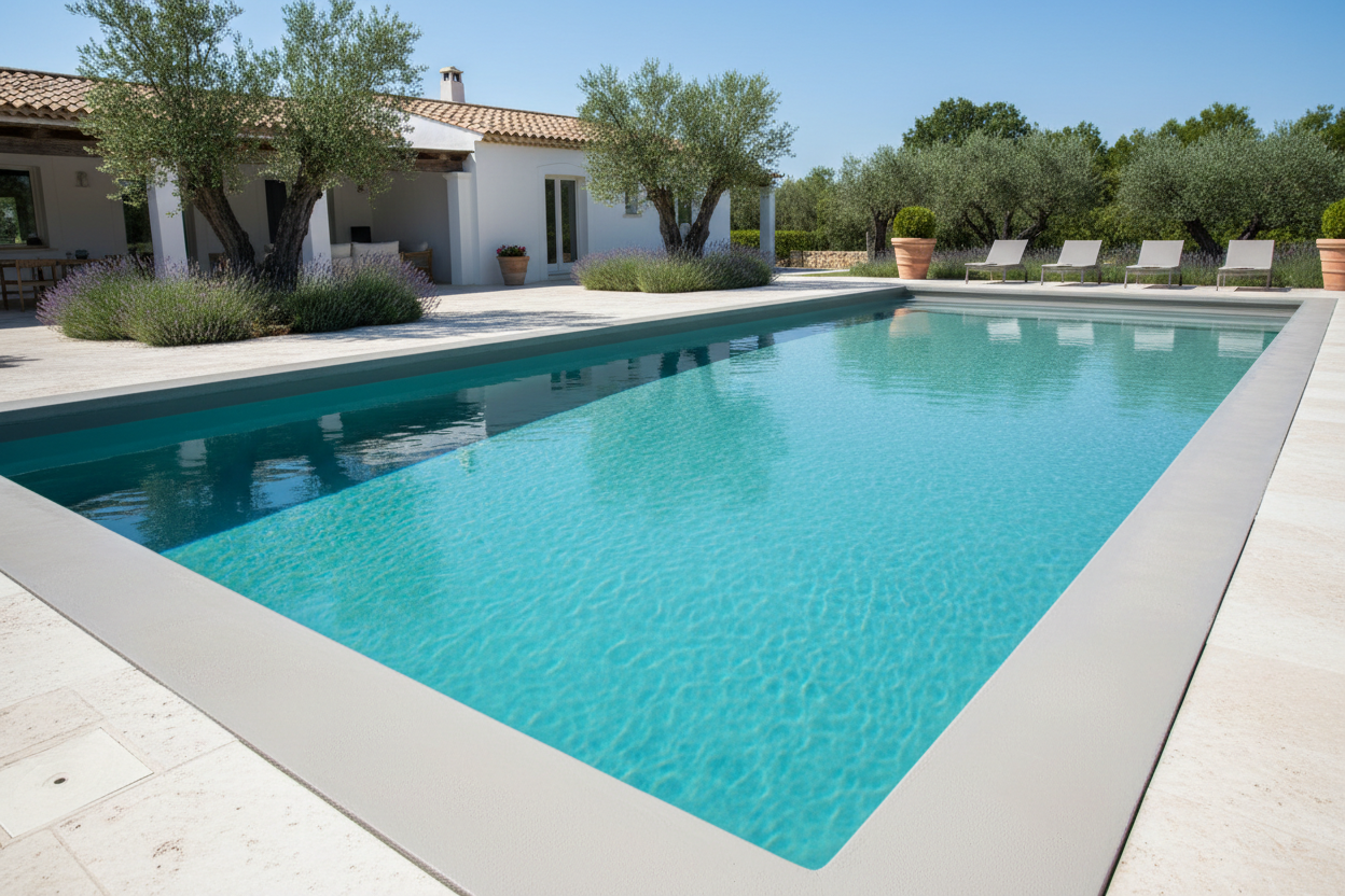 hazme una imagen con esta descripcion Pintura al agua mate especial para piscinas de cemento u hormigón. Proporciona protección y decoración en piscinas de obra nueva o anteriormente pintadas con pintura al agua. Alta opacidad y resistencia a los productos químicos empleados en los tratamientos. Excelente adherencia sobre materiales de construcción más habituales. Buena nivelación y de fácil aplicación. no pongas bote de pintura