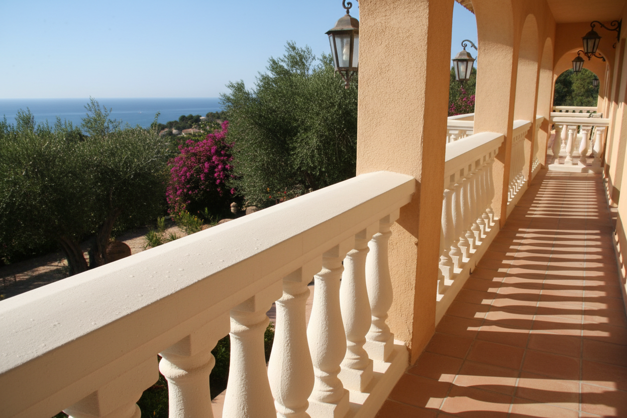 hazme una imagen de balcon con esta descripcion Pintura protectora y decorativa en base acuosa, diseñada especialmente para recubrimientos de balaustradas de yeso y hormigón.