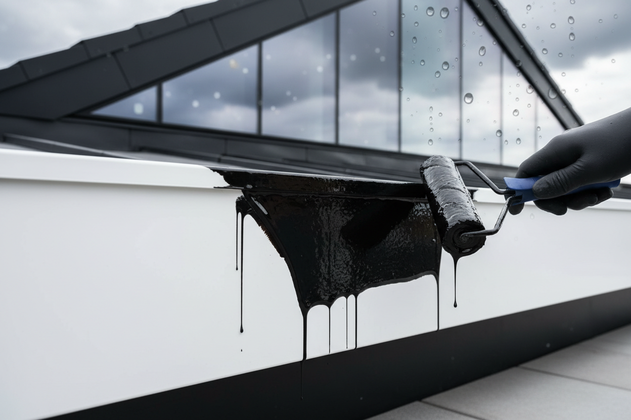 hazme una imagen de canalones con esta descripción elegante Impermeabilizante especial para sellar, proteger y reparar. Caucho líquido negro de base acuosa para la impermeabilización y reparación de cubiertas, canalones, terrazas, etc. Se caracteriza por su gran elasticidad y capacidad de relleno. 100% impermeable. Estable a temperaturas extremas. Excelente adherencia y resistente a los efectos nocivos de la intemperie.