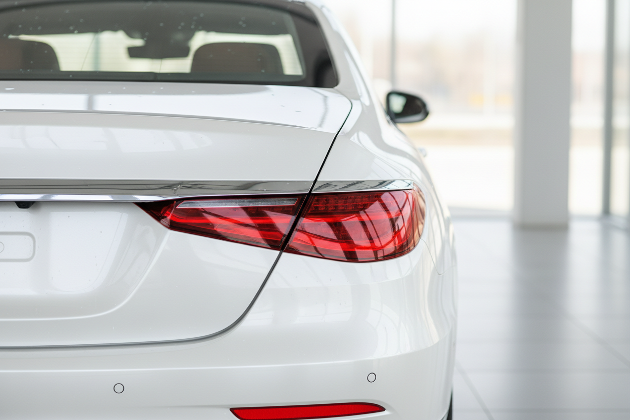 hazme una imagen de la parte trasera de un carro color blanco con un esmalte renovador de color brillante, resistente al sol y humedad