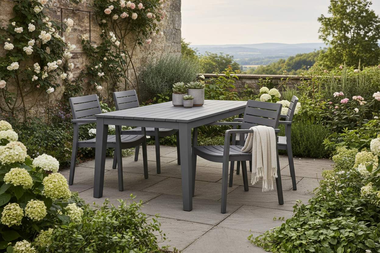 hazme una imagen de una mesa y silla de madera en gris medio en la interperie con acabado mate 