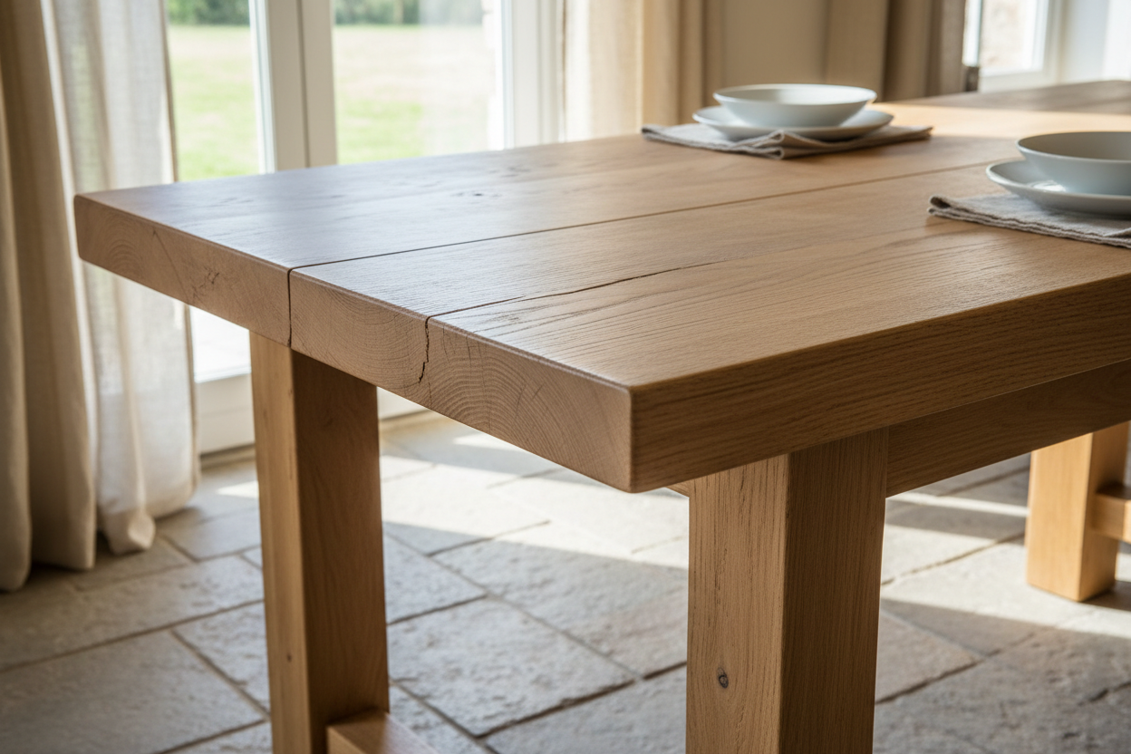 hazme una mesa de comedor rustica con este acabado de descripcion Imprimación incolora al agua especial para bloquear las manchas provocadas por el exudado de la madera. Imprimación a poro abierto con alto poder de penetración. Regula el contenido de la humedad de la madera