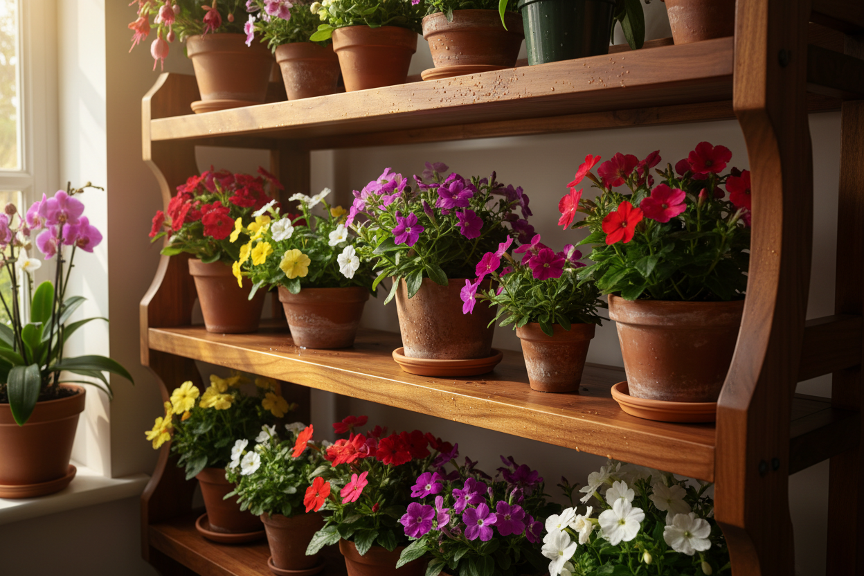 hazme una mesa de madera como repisas de materos de flores, con humedad sin perder su brillo la madera de la repisa