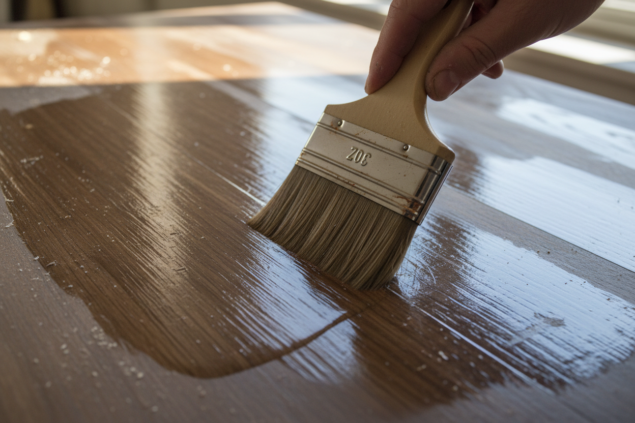 hazme una mesa de madera con una mano de una pintor poniendo una barniz brillante para renovar la madera