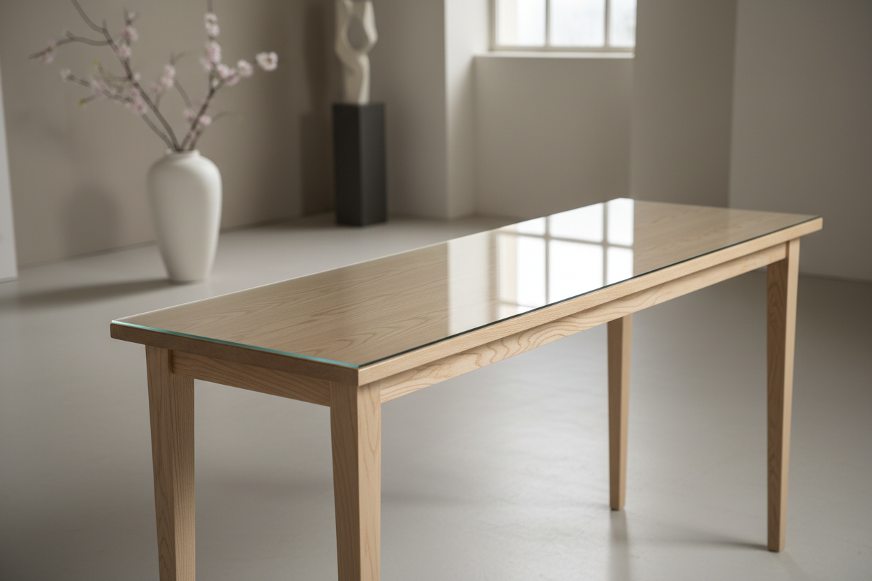 hazme una mesa de madera en tono claro con acabado brillante elegante