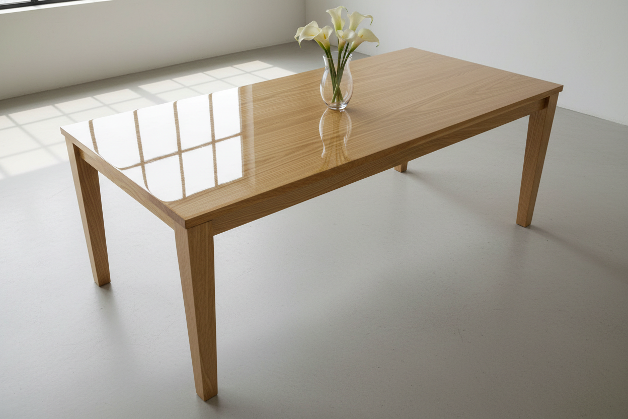 hazme una mesa de madera en tono claro con acabado brillante