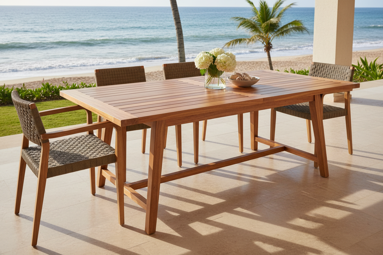 hazme una mesa de madera expuestas a climas costeros elegante