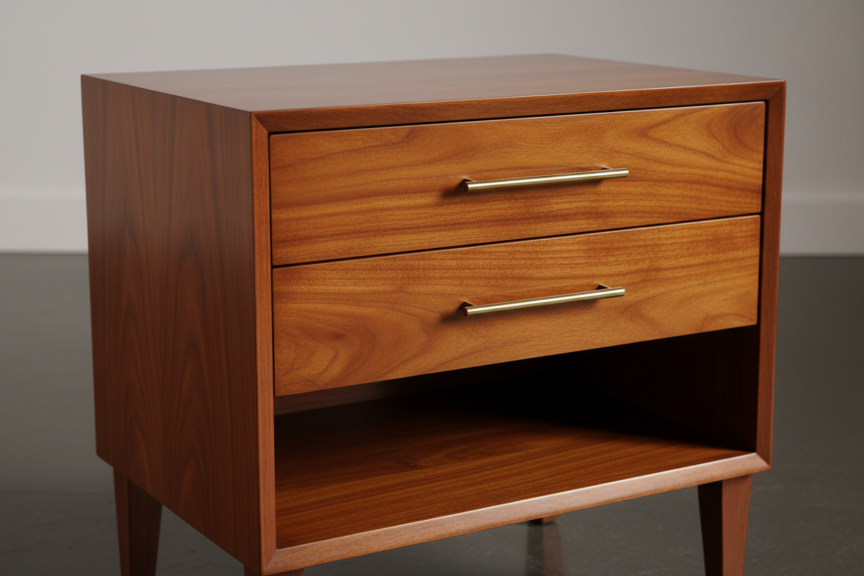 hazme una mesa de noche de madera encerada con acabado brillante terciopelo