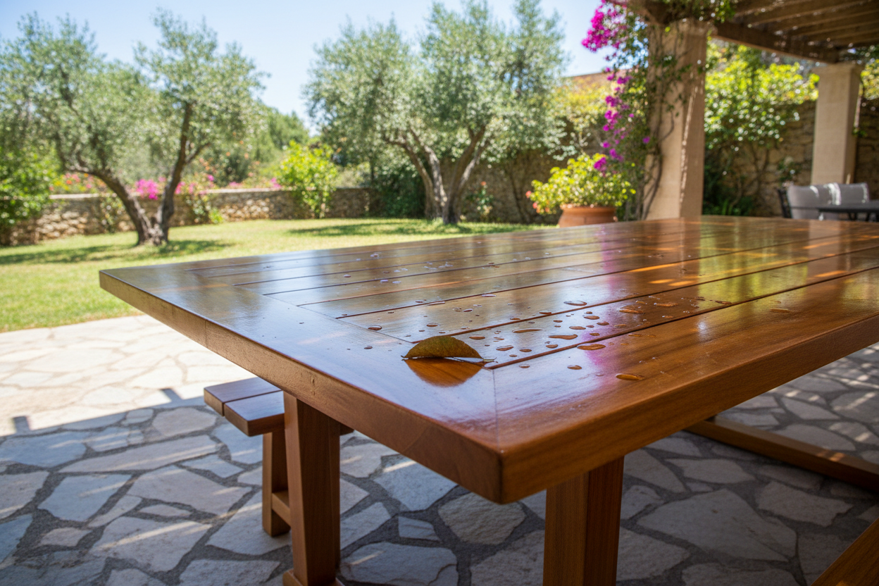 hazme una mesa en la interperie cuidada por una barniz resistente a la humedad y rayos del sol