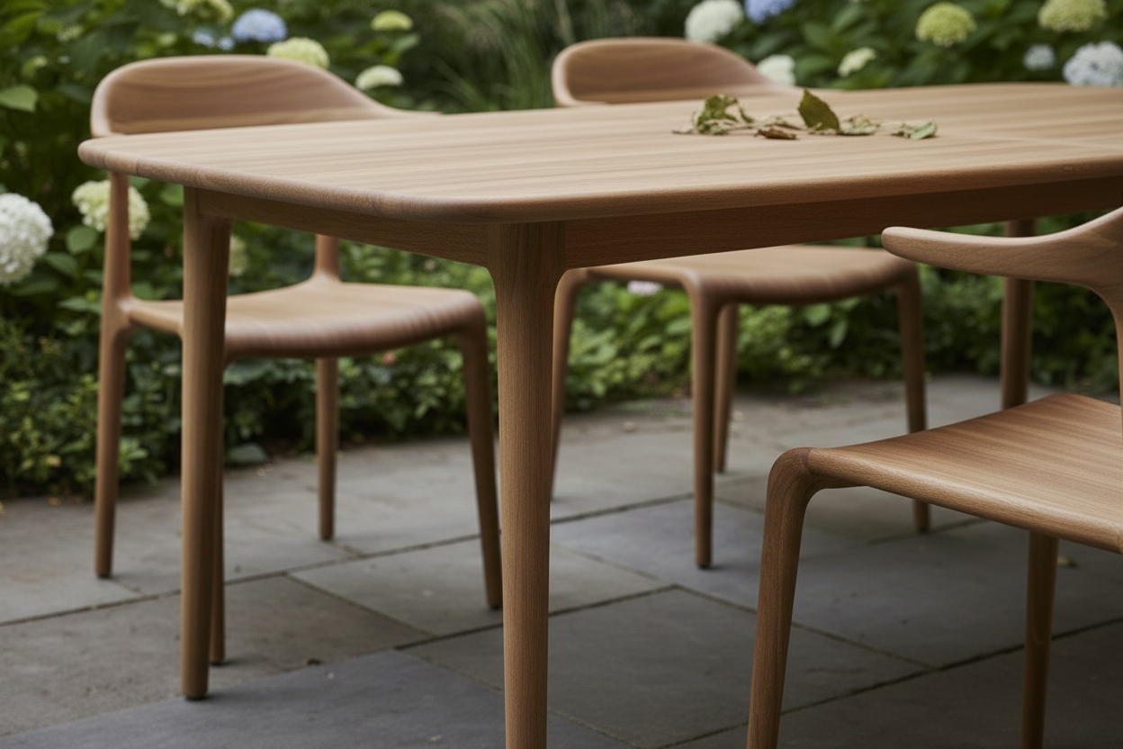 hazme una mesa y una silla de madera con acabado mate elegante en el exterior