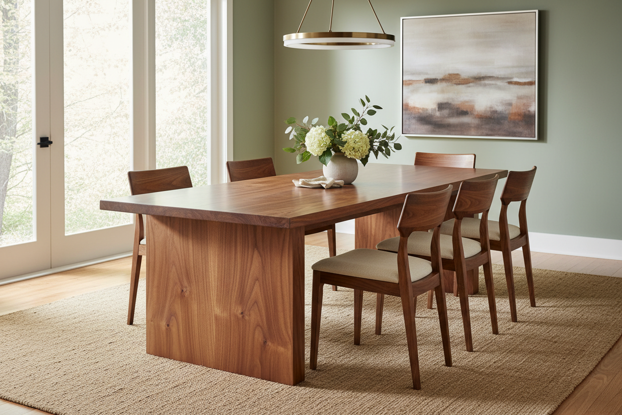 hazme una silla y un comedor de madera en una sala con acabado aceite de tung