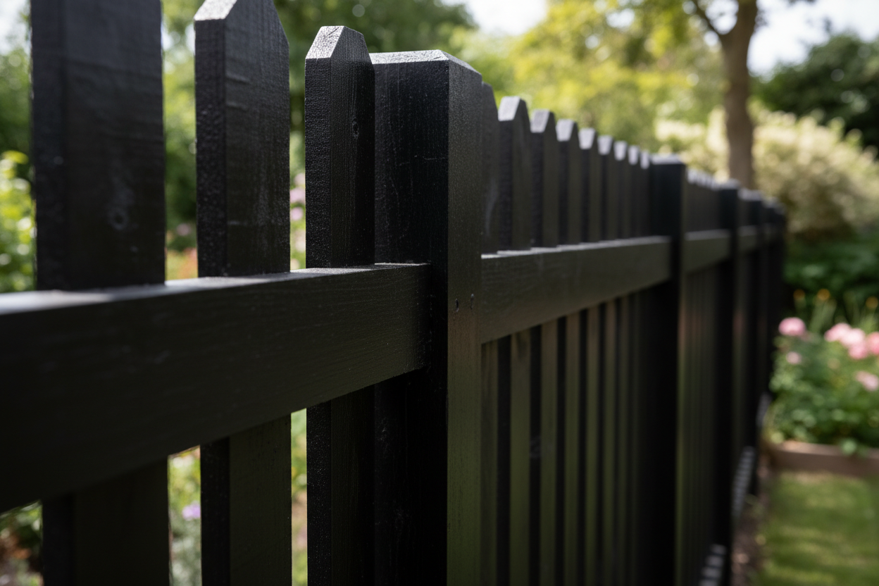 hazme una vaya de jardin en madera en color negro con acabado satinado