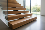 hazme unas escaleras de madera modernas con acabadoen cera dura satinado