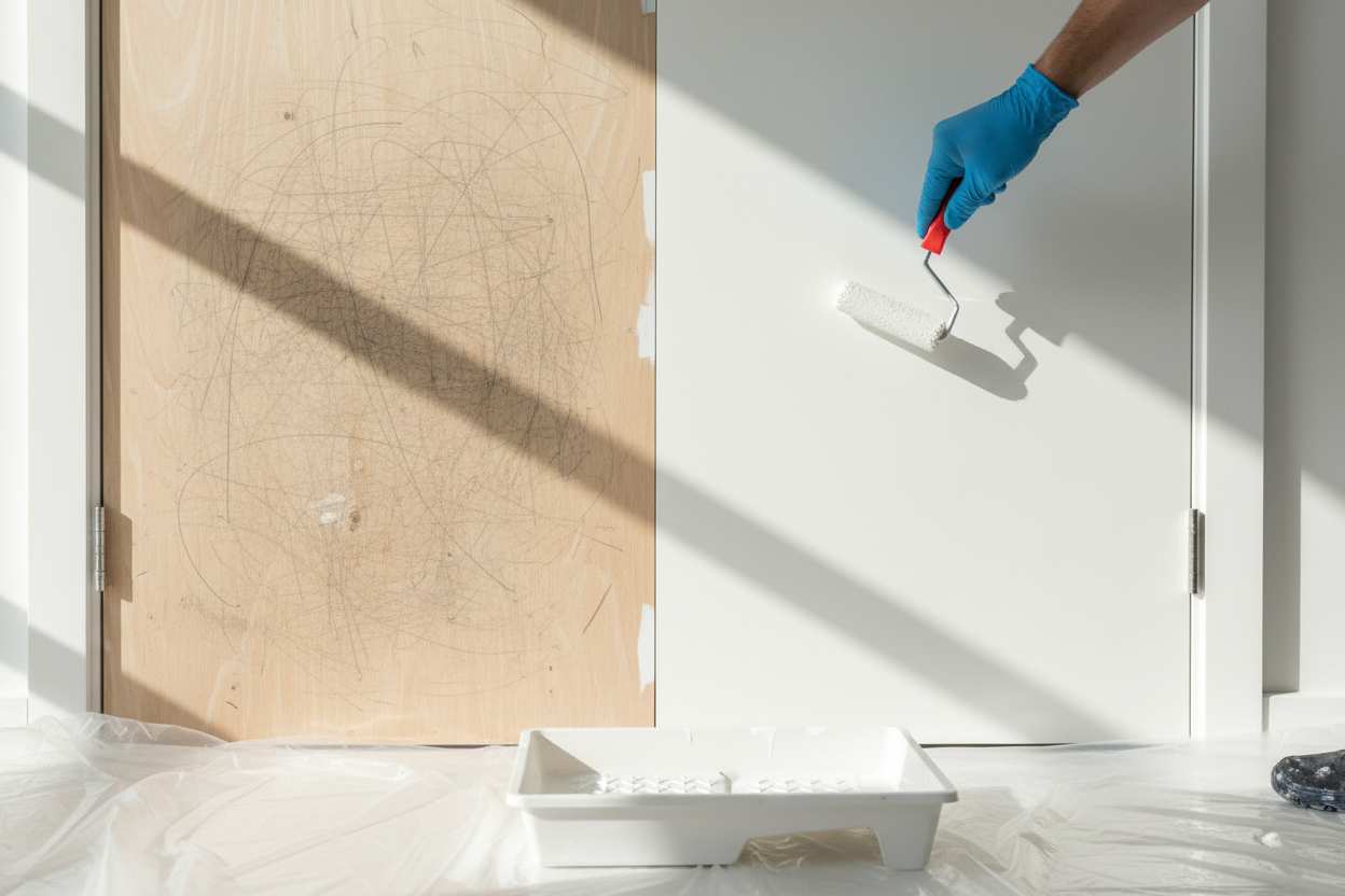 ponle mas pintura blanca a la puerta, cubre la mitad de la puerta con pintura blanca 